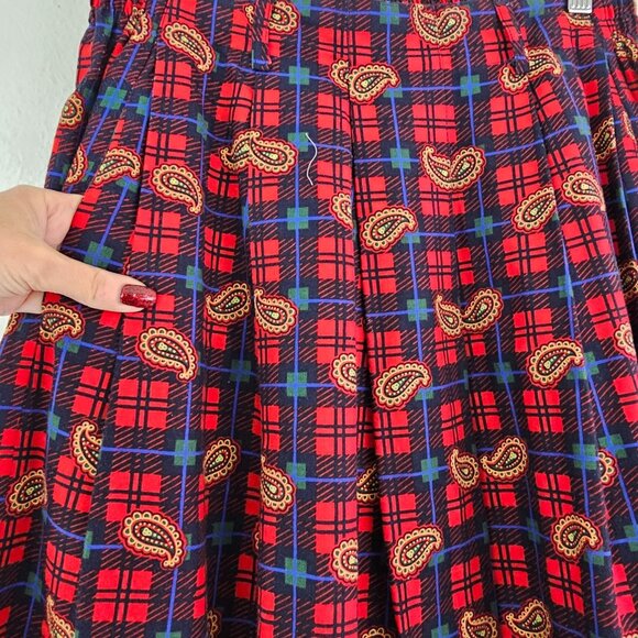 Talbots Sz 14P Red Blue Plaid Paisley Flannel Midi Skirt Pockets Western Cottage - Picture 2 of 13